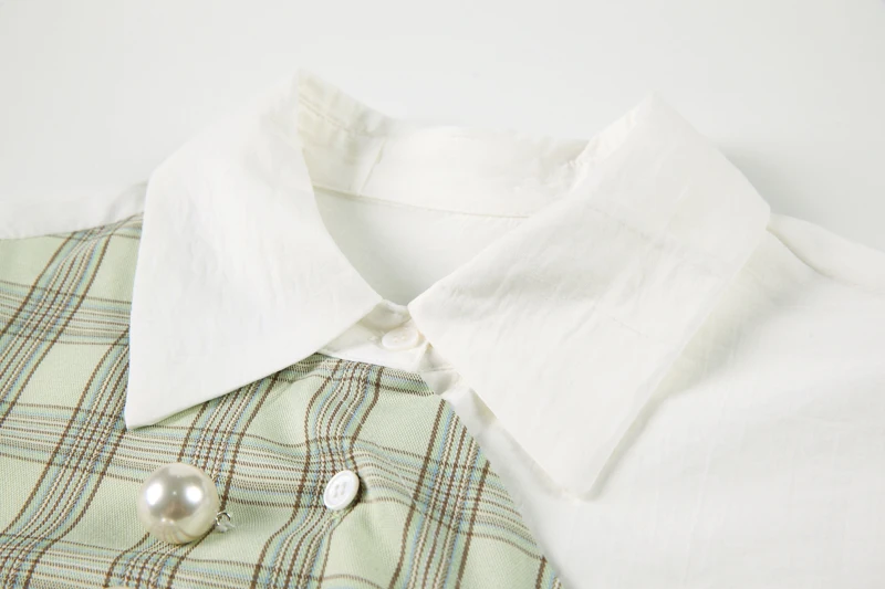 IEQJ ir 2021. jaunu vasaras modes sieviešu apģērbu kārta-apkakle asimetrisks plaided raibs pērle krekls, kleita WR41106M