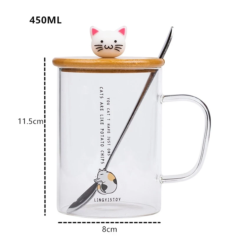 450ml Mūsdienu Minimālisma Karikatūra Kaķis Stikla Krūzes Ar Karoti Vāku Četri Gadalaiki Kafija Tēja Piens, Sula, Brokastu Krūze Dāvanas
