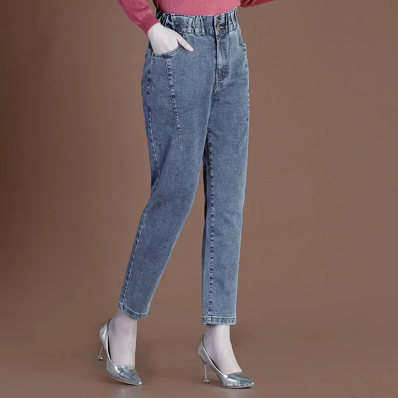 Modes Elastīga, Augsta Vidukļa Mammas Džinsa Harēma Bikses Gadījuma Baggy Džinsi Sieviešu Vintage Plus Lieluma Pavasaris Mazgā Potītes Garuma Bikses