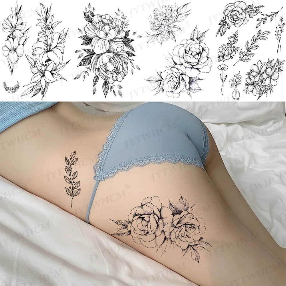 Puse Piedurknēm Viltus Malām Pagaidu Tetovējumiem Sievietēm Reāli Meitene Melnā Roze Mazo Ziedu Tetovējumu Uzlīmes Vizbulis, Mākslas Rokas Tetovējums