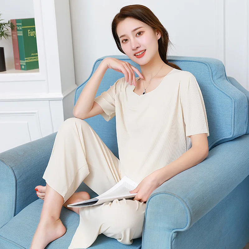 Pidžamas Komplekts Sievietēm ir Ciets Garas Bikses Zīda Vasaras Īsām Piedurknēm Dāmas Pijama Uzvalks Plānas Sleepwear Mājas Drēbes, Sieviešu ir 2021.