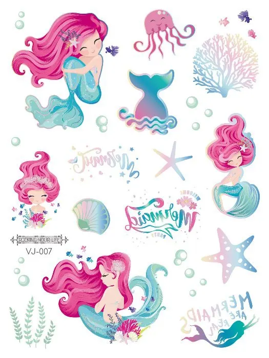 Lāzera Krāsains Karikatūra Sirēna Ūdensnecaurlaidīgus Pagaidu Tetovējumiem Bērnu Roku, Kakla Jauki Starfish Delfīnu Apvalks, Ūdens Nodošanu Uzlīmes