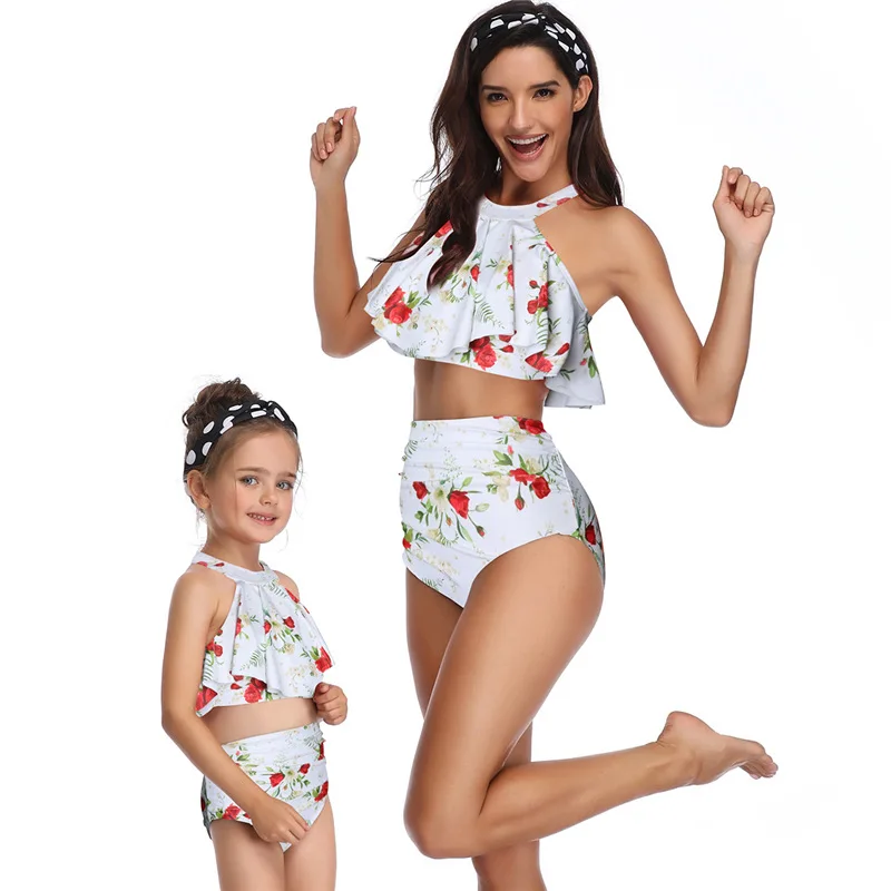 Māte Meitu Baltu Ziedu Drukāt Bikini Komplekti, Jauns Modes Pavada Ģimenes Saskaņojot Tērpiem Peldkostīmi Vecāku un bērnu Peldēšanās Kostīmi
