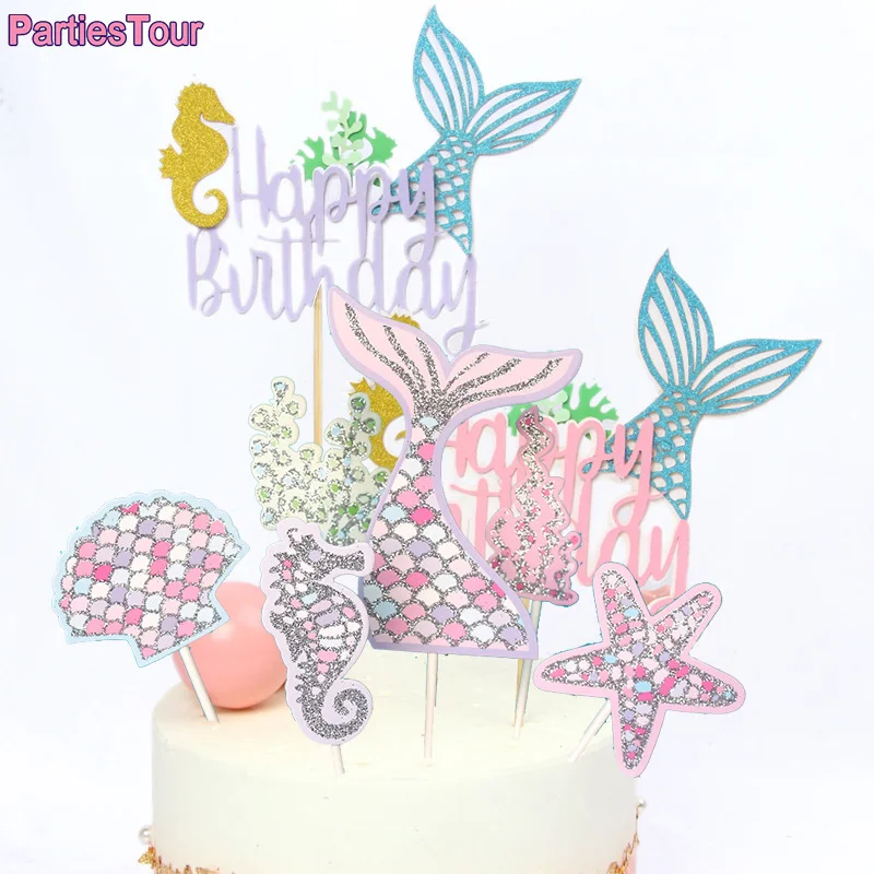 Nāru Astes Starfish Cupcake Cilindrs Happy Birthday Cake Topper Karogi Dekori Kāzu Kūka Dekori Bērniem, Bērnu Duša Puse Supplies