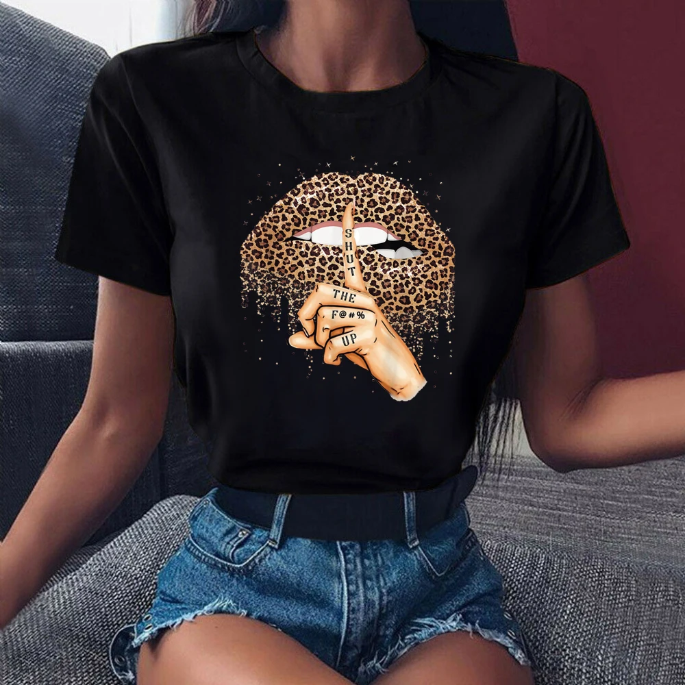 Vasaras Modes Krekls Lūpām Leopard Grafiskais T Krekls Sievietēm, Topi Bāze O-neckBlack Tees Skūpsts Leopard Lūpu Funny Girls Tshirt