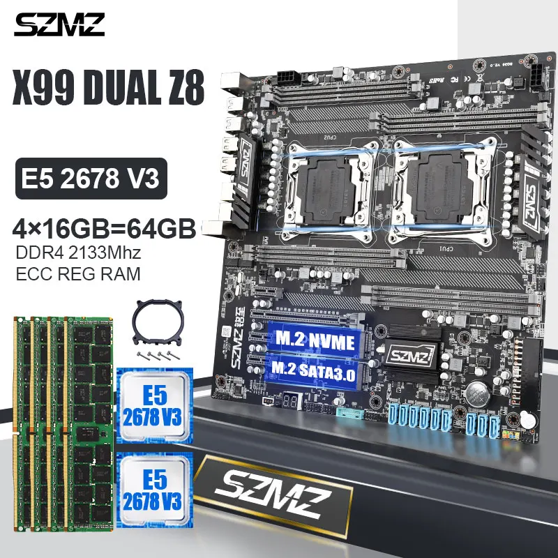 SZMZ X99 Dual CPU LGA 2011-3 Mātesplati, kas ar 2gab E5 2678V3 un 4*16gb DDR4 2133MHZ ECC REG RAM X99 Bāzes Plate Xeon E5 Komplekts