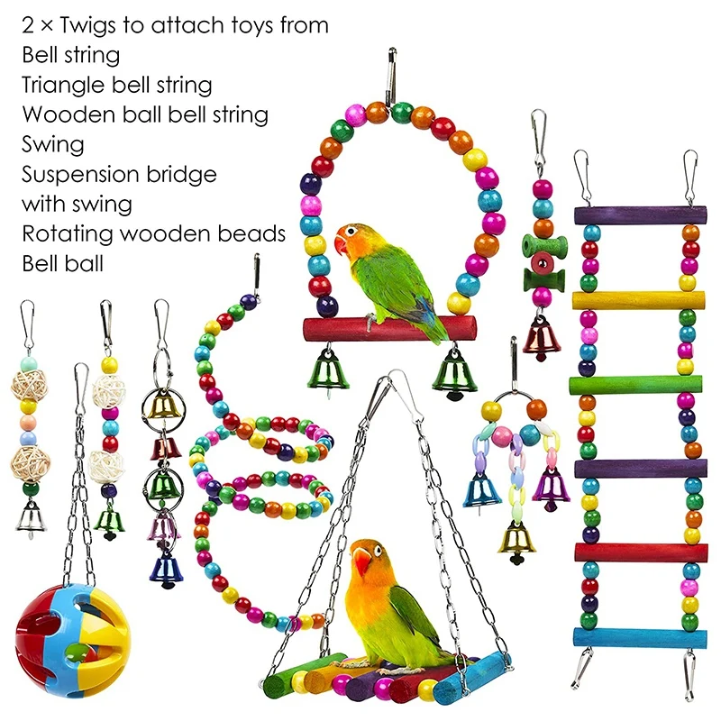 10 Pack Putnu Būris Rotaļlietas Papagaiļus, Reliable & Košļājamā - Šūpoles Karājas Košļājamā Bite Tilta Koka Bumbu Krelles Bell Rotaļlietas. Promotio
