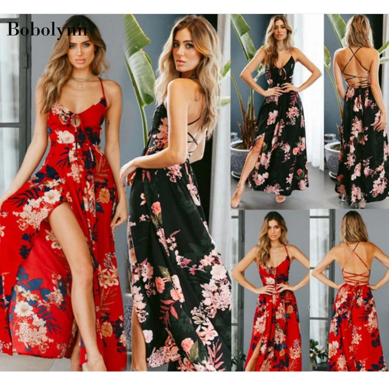 Vasaras Sieviešu Modes Sexy Bohēmijas Boho Ziedu Drukāt Pludmales Kleita Vintage Elegants Izbrauciens Ir 2021. Gadījuma Ilgi, Apģērbu Svētku šiks