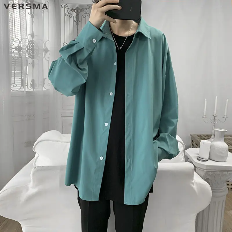 VERSMA korejas Modes Balta Šifona Blūze, Krekls Vīriešiem Sieviešu Pavasara Zaļās Vintage Top Krekls ar garām Piedurknēm Vīriešiem Plus Lieluma Dropshipping
