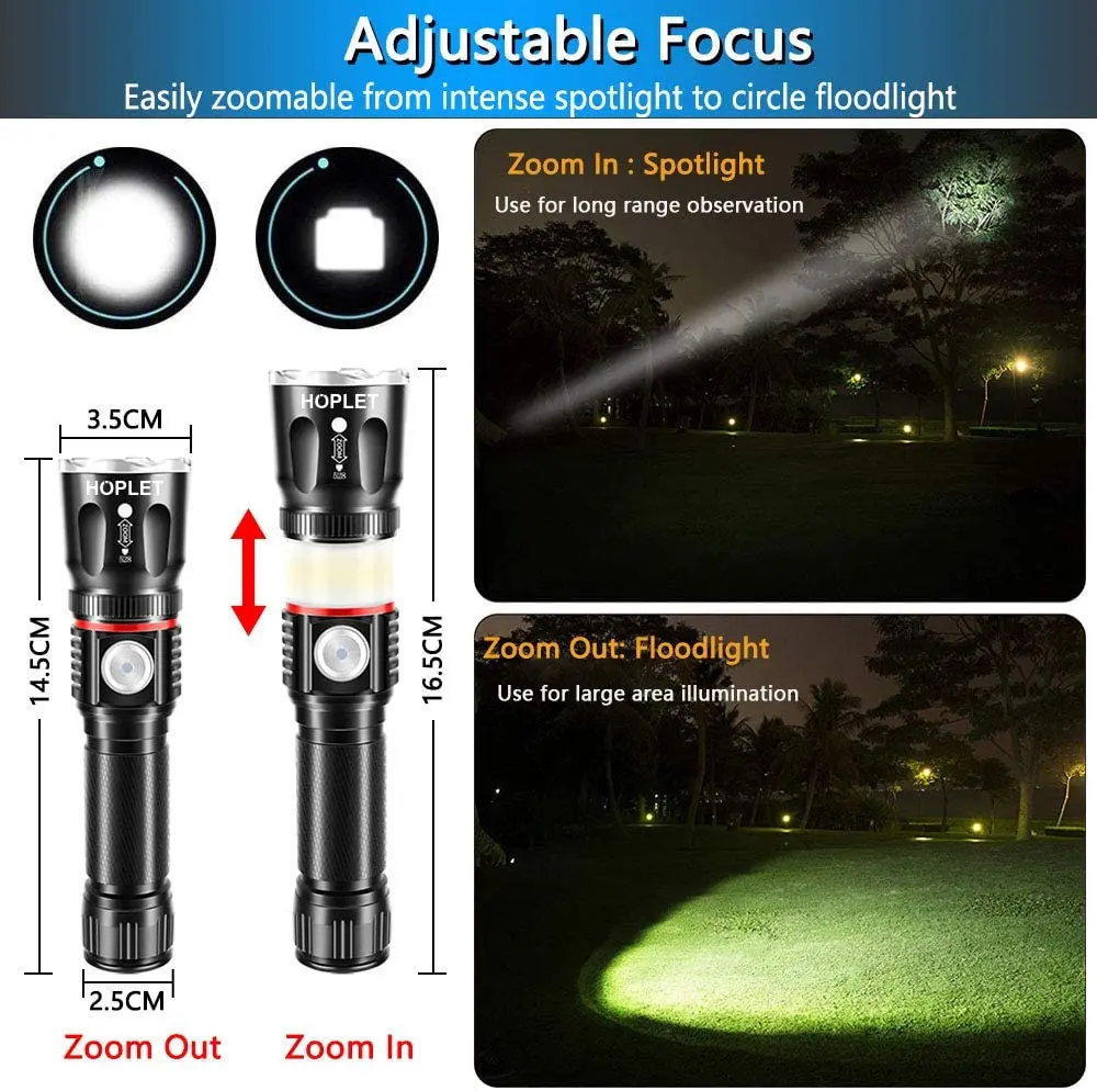 2GAB LED Lukturi COB Sānu Gaismas, Darba Gaisma USB Lādējamu Lāpu Magnētisko Asti Lāpu Zoomable Lukturīti Ūdensizturīgs Lāpu