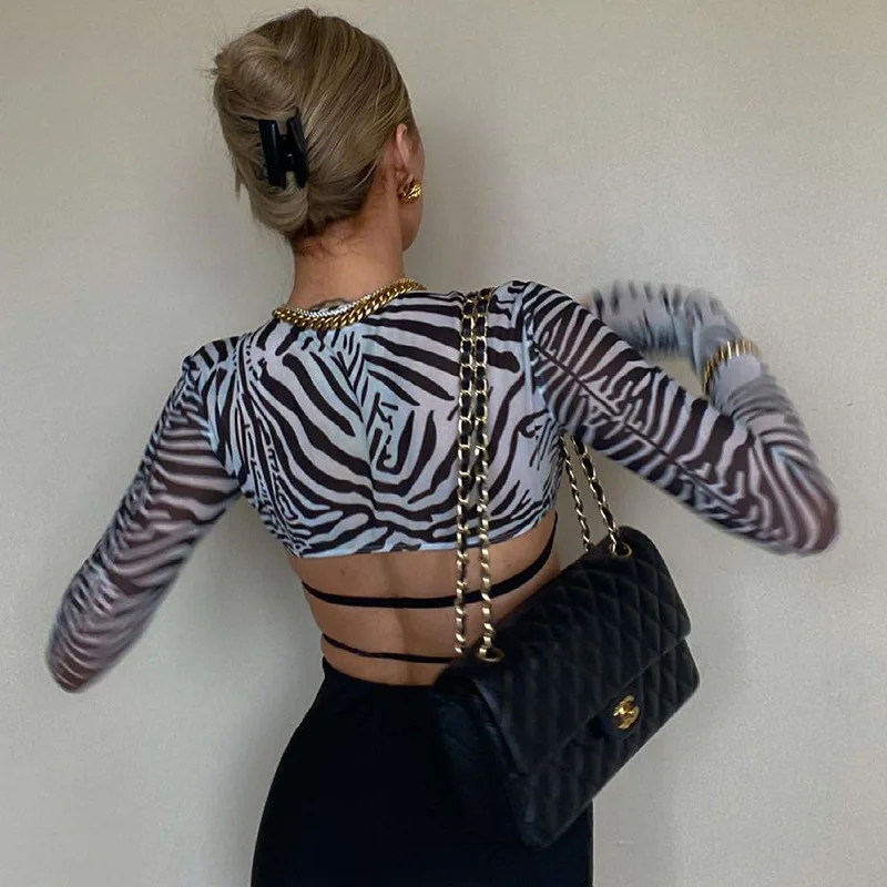 Modes Zebra Drukāt Kontrasta Krāsu Kultūraugu Top Sexy Dziļu V Veida Kakla Augsta Vidukļa Tees Streetwear Acs Krekls Ar Garām Piedurknēm Sievietēm Vasarā Ir 2021.