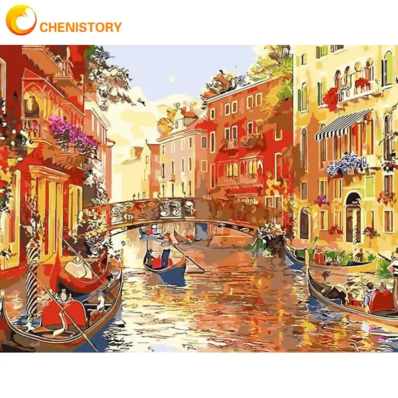 CHENISTORY Attēlu skaits Venēcijas Zelta Rudens Ainavu Glezniecība Numuru Ar Rokām Krāsotas DIY Kadru Audekla Mājas Dekoriem
