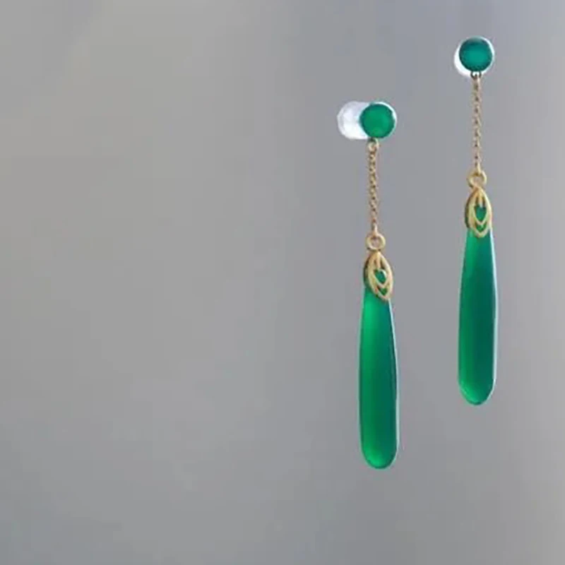 Sākotnējā jaunu sudraba inkrustēts dabas zaļā halcedons ģeometriskā auskari Ķīnas retro stila dizains šarmu dāmas rotaslietas