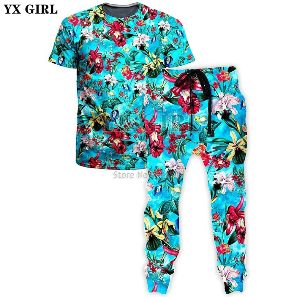 YX MEITENE Vīrieši Sievietes streetwear Modes T-Krekls Zilā Ziedu T-Krekls Un Joggers Combo 3d Iespiesti vasaras Gadījuma t krekls