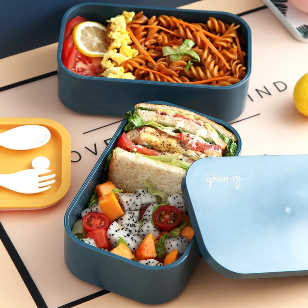 1600ml Mikroviļņu Dubultā Slāņa Pusdienas Kaste Salāti Bento Lodziņā BPA Free Pārnēsājamo Konteineru Kastes ar Karoti Dakša Pusdienu Soma