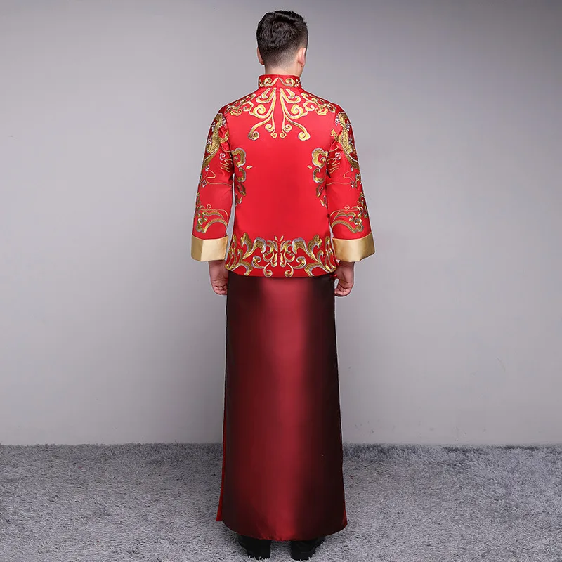 Vīrieši Cheongsam Top 2020. Gadam Vīrietis Līgavainis Kāzu Qipao Precējies Han Fu Sarkanu Izšuvumu Ķīniešu Stilā Grauzdiņš Apģērbs, Drēbes, Jakas Tang Uzvalks