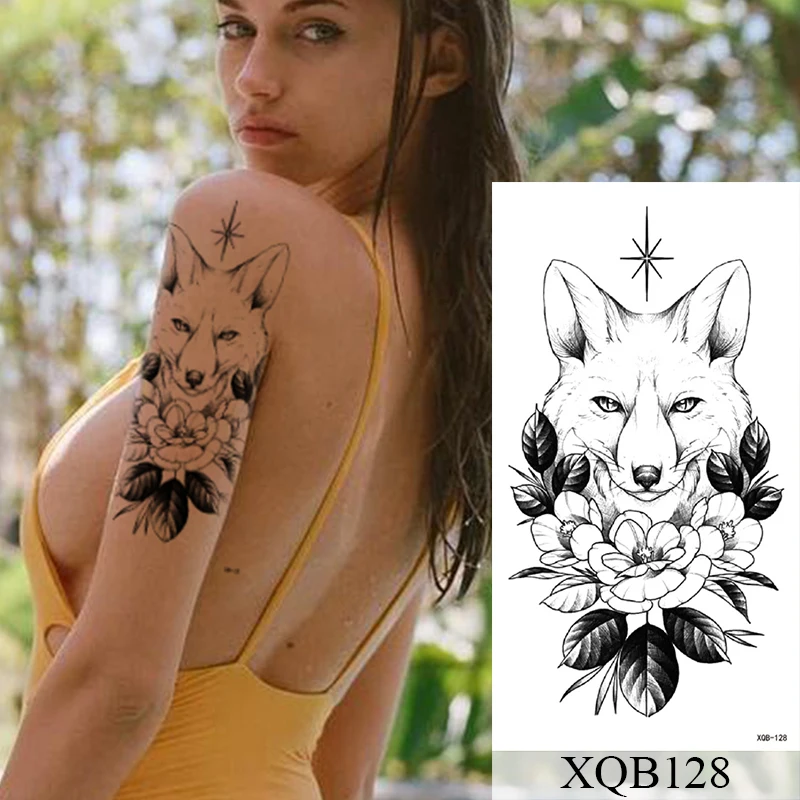Ūdensnecaurlaidīgus Pagaidu Tetovējumu Uzlīmes Fox Lauva Flash Tetovējumiem Mežģīņu Ziedu Rožu Body Art Roku Viltus Piedurknēm Tetovējums Sievietēm