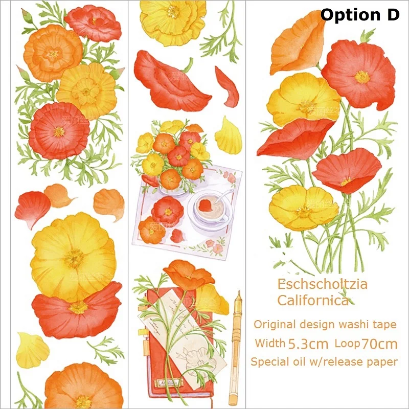 Oriģinālas ziedu sērija washi lenti 5.3cmx5m saulespuķu daisy sēņu sarkanu rožu washi papīra lentes, ko digitālā druka