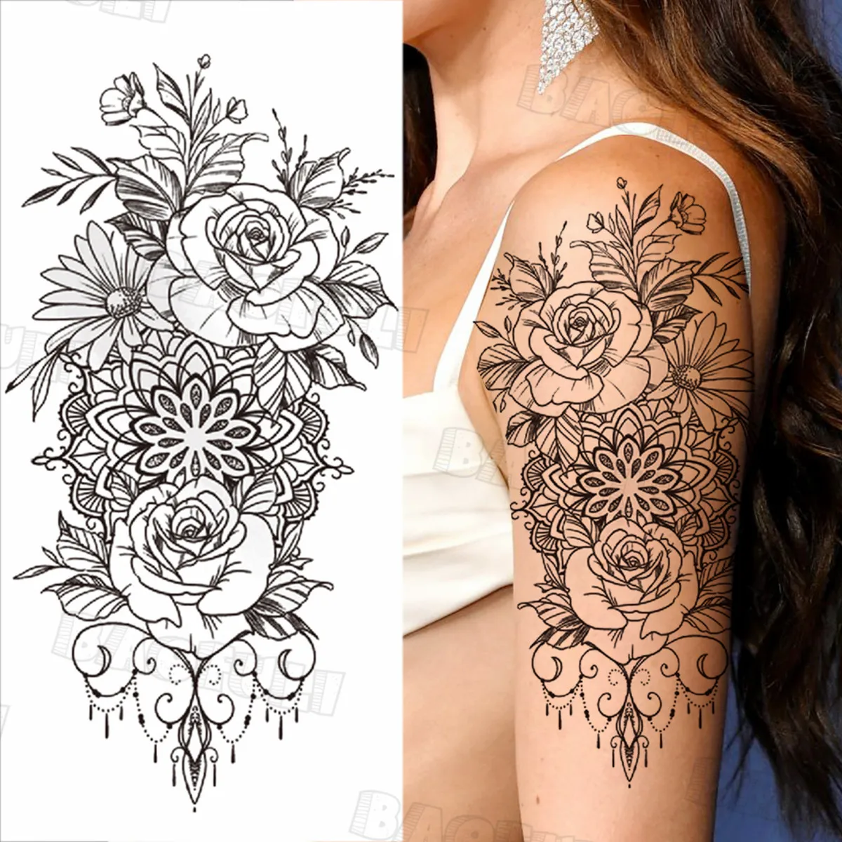 Melnā Henna Rožu Ziedu Mandala Pagaidu Tetovējumiem Sievietēm Pieaugušo Sirēna Viltus Tetovējumu Uzlīmes, Custom Sexy Tatoos Augšstilba Roku