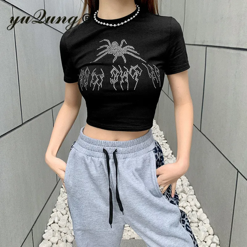 Sieviešu Y2K Rhinestone Spider Tshirt Vasarā Ir 2021. Gadījuma Black Īsām Piedurknēm Kultūraugu Top Slim Gadījuma Pamata T Krekls Dāmas Tee Yuqung