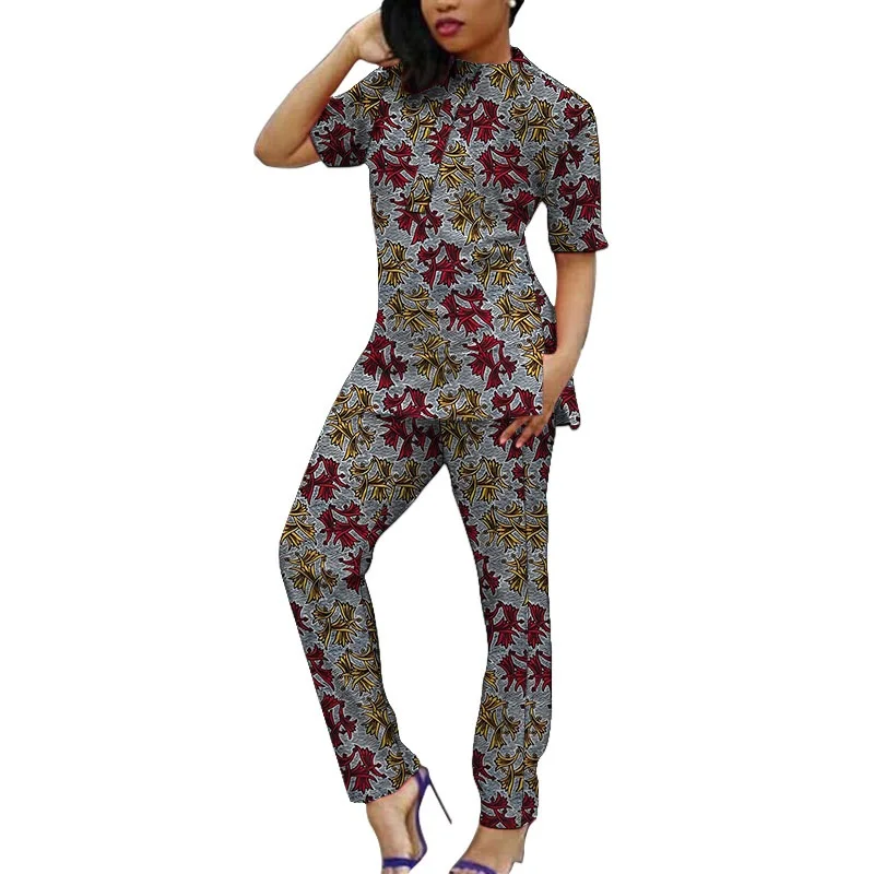Krāsains Drukāt Sievietēm Ar Īsām Piedurknēm Topi Maču Bikses Kopa Drēbes Āfrikas Tērpi Gana Modes Pasūtījuma Izgatavotu Kāzu Apģērbi