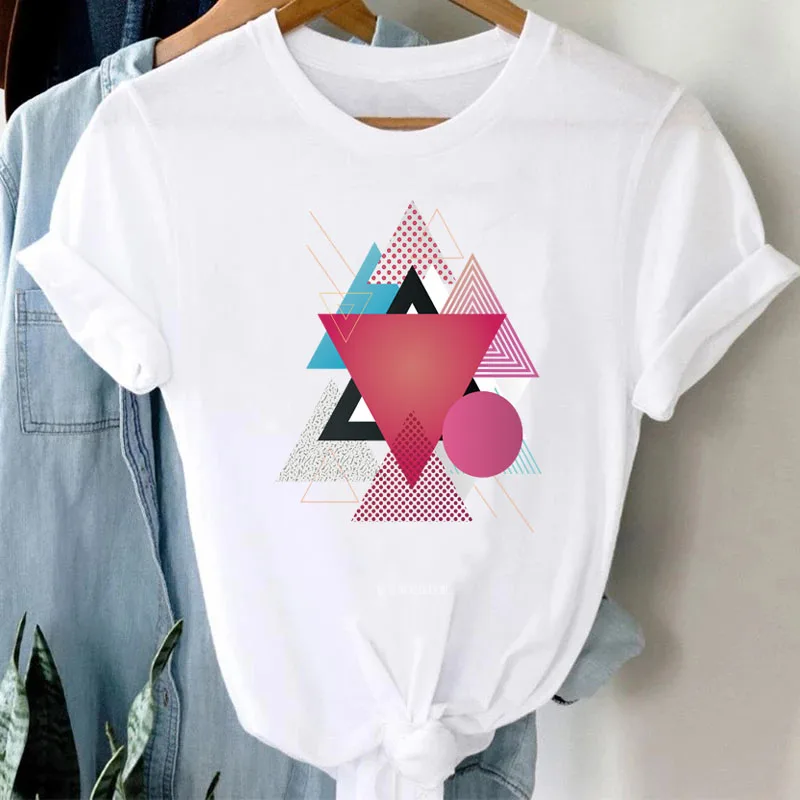 Ģeometriska Trijstūra Drukāt Sieviešu T-krekls Gadījuma O-veida kakla Īsām Piedurknēm Balta Pamata Tshirt Harajuku Grafiskais Dāmu Topi, Sieviešu t-veida Krekls