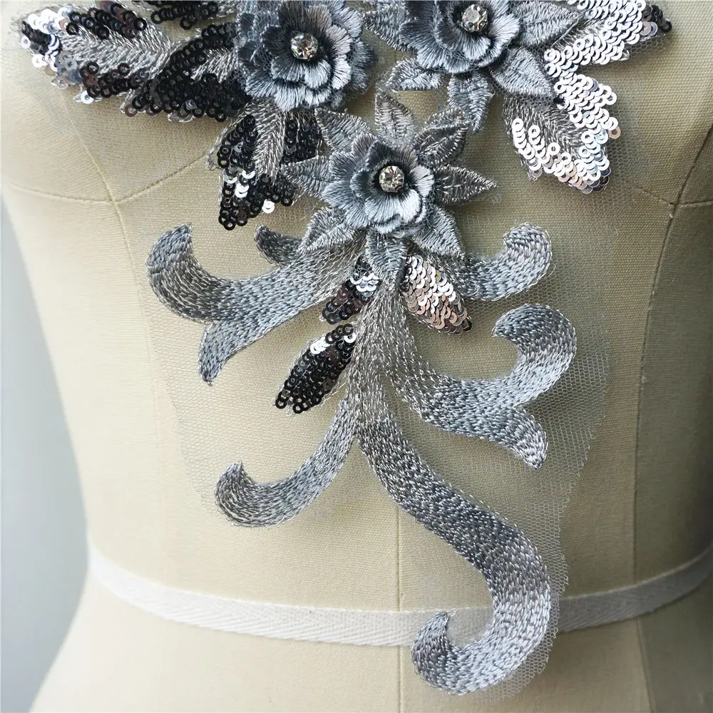 Pelēka Sudraba Mežģīnes Auduma Sequin 3D Ziedi Rhinestone Pušķis Kāzu Kleita Appliques Izšūti Šūt Plāksteris Kleita DIY Dekori