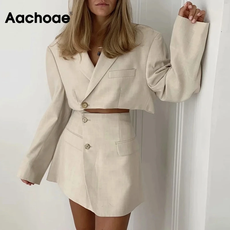 Aachoae Modes 2 Gabals, Kas Sieviešu Žakete, Svārki Uzvalks Ir 2021. Tīrtoņa Krāsu Apgriezts Žakete Komplekti Dāmas Pusē Sadalīt Mini Svārki Tērpiem