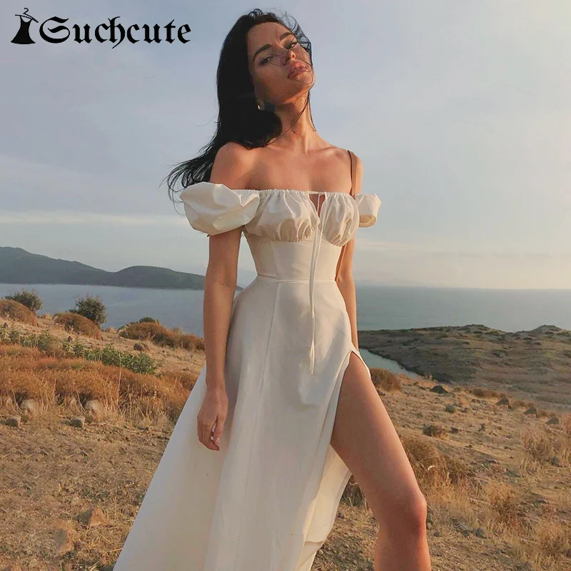 SUCHCUTE Vintage Puse Kleita Sievietēm Īsā Puff Piedurknēm, Elegants Balts Garās Kleitas Aukliņu Seksīgu Augsta Sadalīt Stilīgs Apģērbs ir 2021.