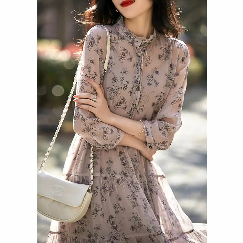 [Linga piegādes]Jauns elegants franču maigu Laternu Piedurknēm Ziedu Šifona vidējā garuma kleitu pavasarim un vasarai ir 2021.