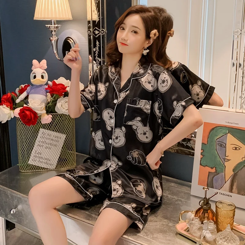 Ir 2021. Vasaras Īsām Piedurknēm Zīda Satīna Bikses, Pidžamas Komplekti Sievietēm korejas Sleepwear Pyjama Uzvalks Homewear Pijama Mujer Mājas Drēbes