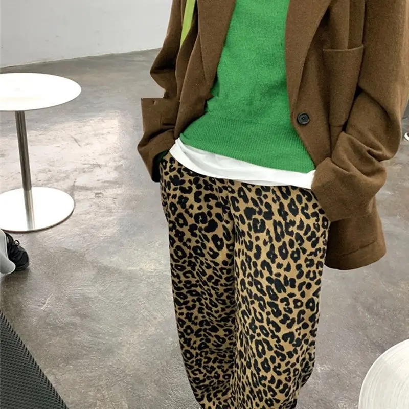 Leopards drukāt plaša kāju bikses sieviešu 2020. gada rudenī un ziemā, jaunas ārējā valkāt visu maču augsta vidukļa taisnu kāju bikses tendence