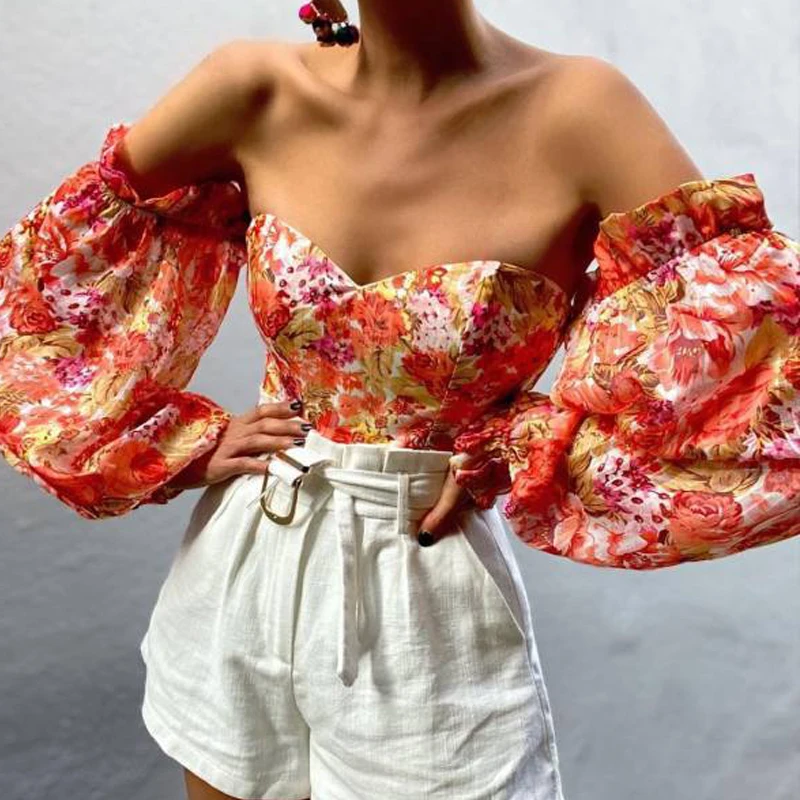 Elegants Ziedu Drukāt Strapless Šifona Kreklu Modes Sievietes Pie Pleca Pavada Sexy Krekls, Blūze Ir 2021. Vasaras Backeless Topi 3XL