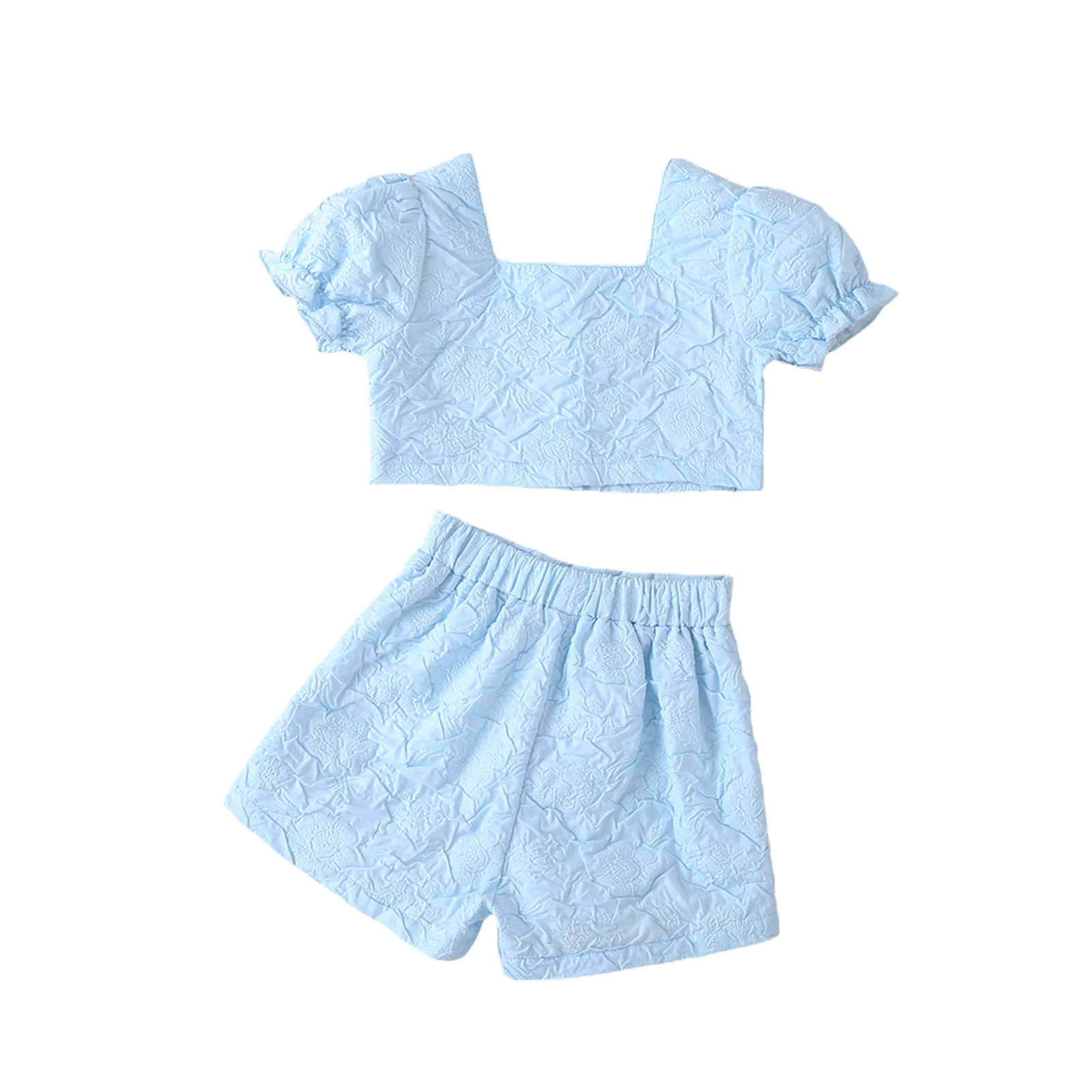 Meitene Retro Kvadrātveida kakla Izgriezumu Gaiši Zils Laternu Piedurknēm Blūze + Bikses Uzstādīt Ziedu Drukas Mežģīnes Vienā-krūšu T-krekls Bikses