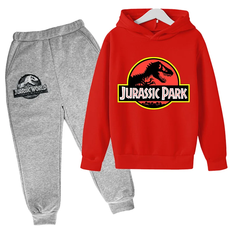 Jurassic Park Pasaulē Dinozauru Jaunu Ērtu Kapuci Hoodies Zēniem meitenes Hiphop sporta Krekls Bērniem Set Kokvilnas Apģērbs+Bikses