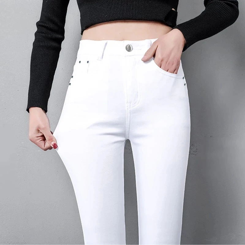 Balta, augsta vidukļa džinsus sieviešu pavasara džinsi sieviete šauri slim OLA biroja dāma džinsa zīmuli bikses sieviešu j