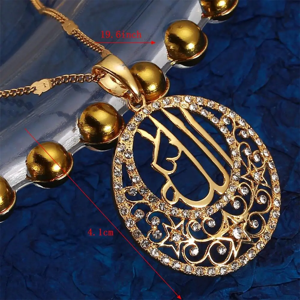24k Zelta Krāsu Kristāla Musulmaņiem Allahs Kulons, Kaklarota, arābu Islāma Moderns Rhinestone Ķēdes Rotaslietas