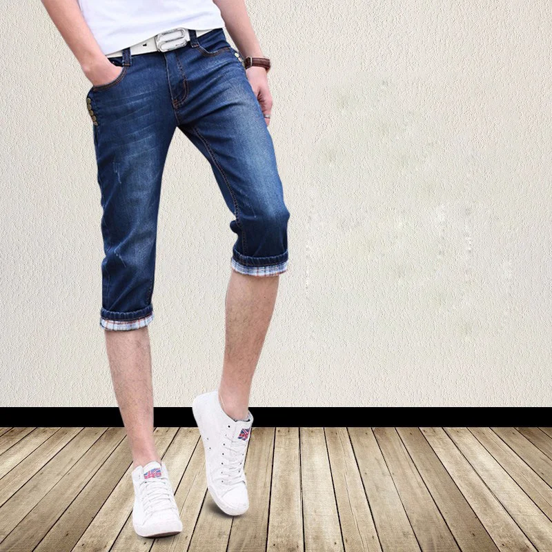 Vasara ir 2021. stiept džinsi vīriešu korejiešu versiju slim pieguļošs kājām Apgriezts bikses vīriešu bikses plānas 3/4 bikses