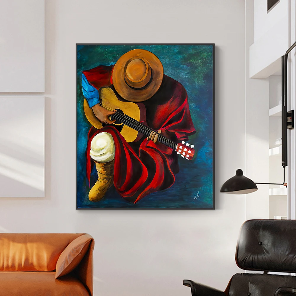 Abstraktu Portretu Sienas Art Roku apgleznoti ģitārists, Eļļas Gleznas Uz Audekla Cilvēks ar Ģitāru, Eļļas Glezna Mājas Apdare