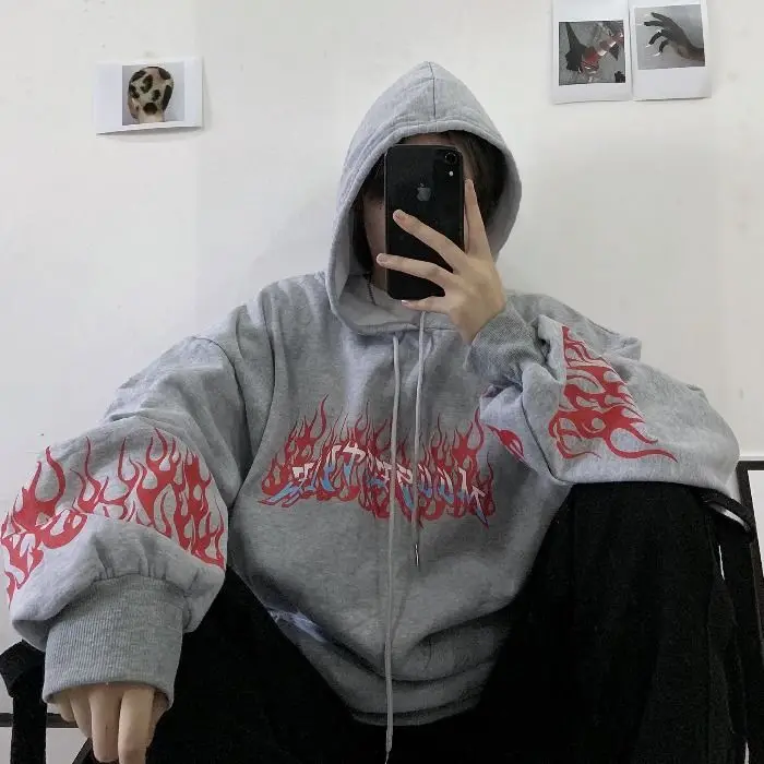 Streetwear dāmas liesmas drukāt pulovers pelēkā vārna lielgabarīta Harajuku stils pelēkā vārna plus lieluma ziemas sporta krekls korejas streetwear augšu
