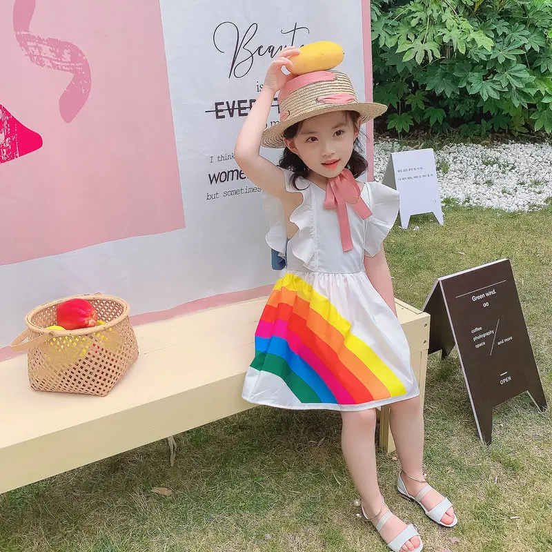 Meitenes korejas kleitas varavīksnes krāsu saskaņošanas īss atklātu atpakaļ kleitu bērni krāsa princese kleita toddler meitene apģērbs