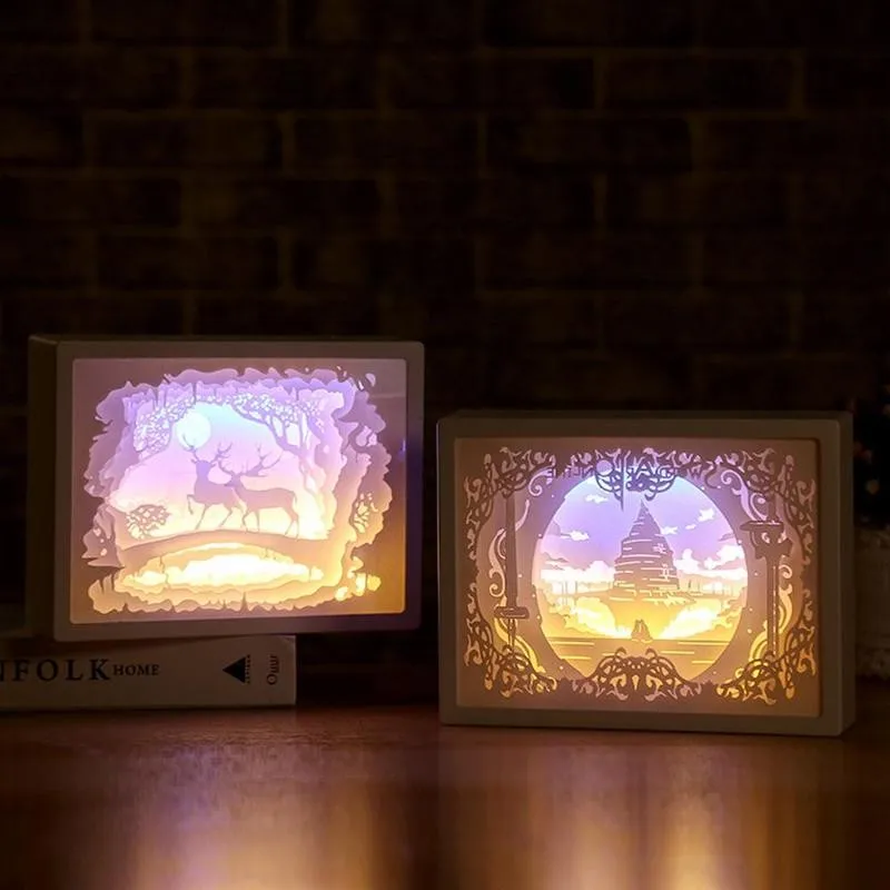 3D Radošo Papercut Gaismas Kastes Nakts Lampas Papīra Modelis, Krāsa Galda Lodziņā Ēnu LED Krāsošana Galda Rāmis G8E1