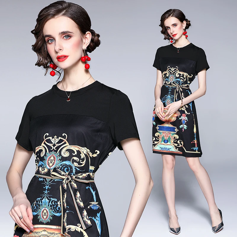 Simgent Black Print Kleita Vasaras Sievietēm Jaunā Modes Līnijai, ar Īsām Piedurknēm Vintage Kleitas, Drēbes Femme Vestidos Jurken SG15315