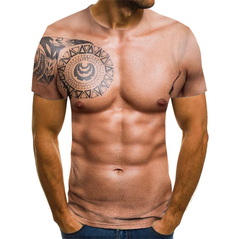 Ir 2021. Harajuku 3D iespiests raksts vasaras apaļu kakla T-krekls ādas krūšu muskuļu vīriešu ikdienas fitnesa saspringts lielgabarīta T-krekls top
