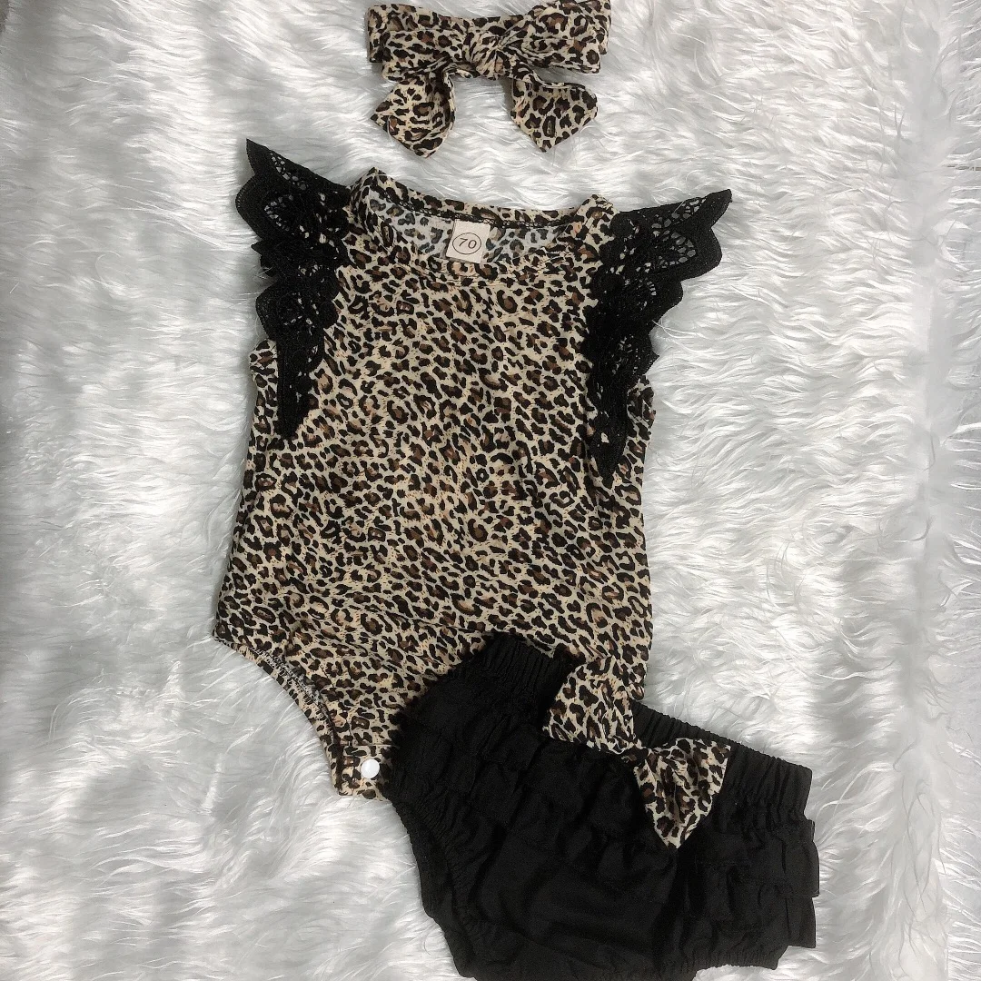 Trīs Gabals Baby Girl Apģērbu Modes Leopard Lidot Piedurknēm Romper un Priekšgala Bikses ar Galvu