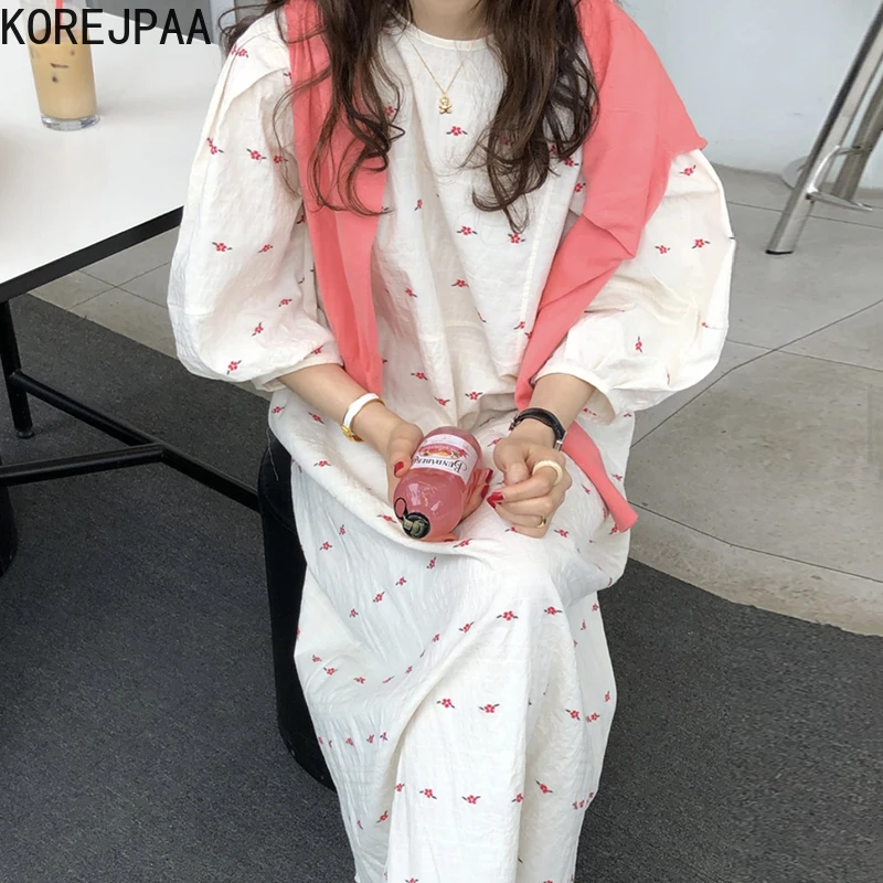 Korejpaa Sieviešu Kleita ir 2021. korejas Modes Šiks Vasaras Vienkāršu O-veida kakla Reizes Zaudēt Septiņu punktu Burbulis Piedurknēm Drukāts Ilgi Vestido