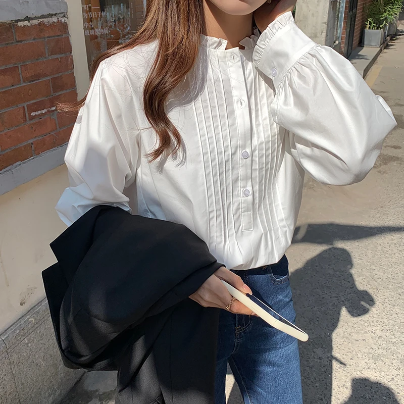 Korejas balts krekls sievietēm salds ruffles blūzes sieviešu temperaments visu maču ar garām piedurknēm blūze zaudēt kroku topi blusas mujer