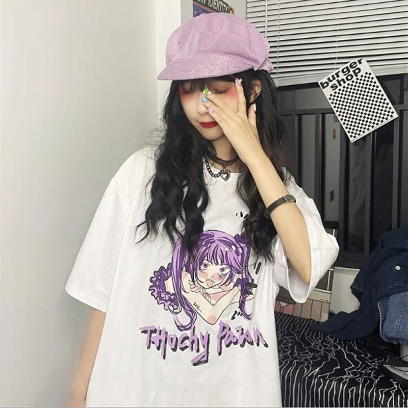 Harajuku Stils T krekls Sievietēm Japāna Karikatūra Izdrukāt Īsām Piedurknēm O Kakla Sieviete, T-krekli, Kokvilnas Spandex Sieviešu Tshirt