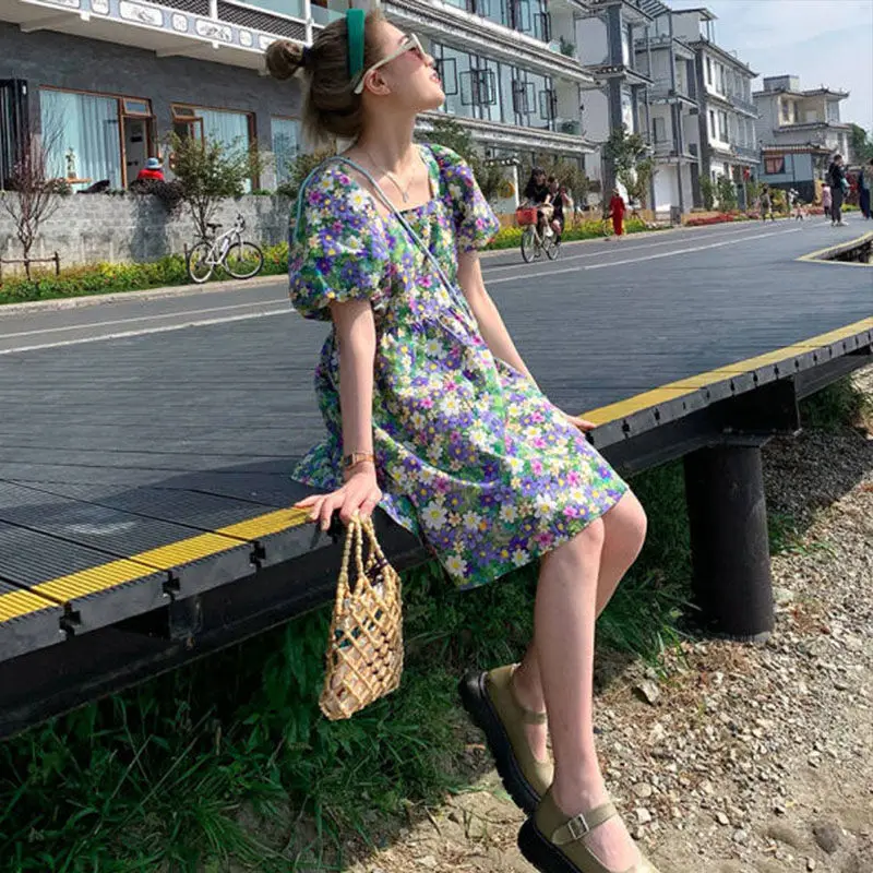Kleita Sievietēm korejiešu Stilā Salds Vasaras Brīvdienu Sundress Puff Piedurknēm Preppy Stilīgs-line Ziedu Šiks Gadījuma Vintage Ir 2021. Jaunas