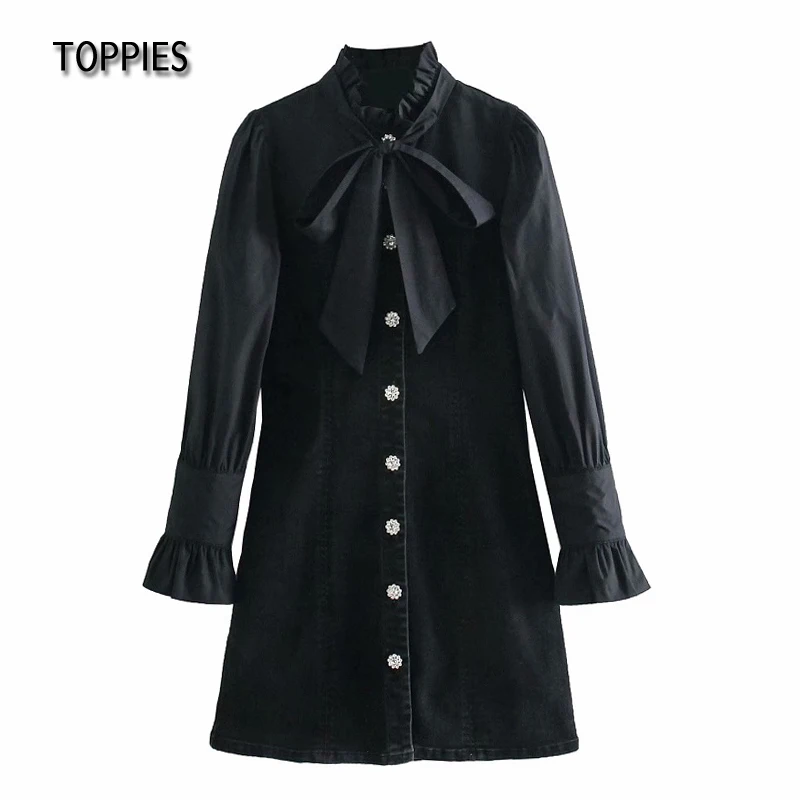 Toppies Vintage Melnās Džinsa Kleita Sievietēm ar garām Piedurknēm Savienoti Krekli Kleita tauriņu Ruffles Šiks vestidos Streetwear
